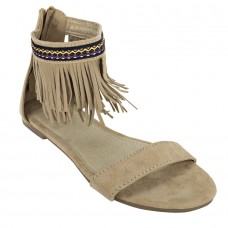 Estatos Suede Leather Open Toe Ankle Fringed Strap Zip Closure Camel/Brown Flat Sandals for Women